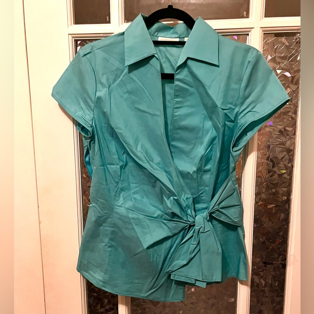 New York & Company Teal Tie-Front Short Sleeve Blouse
